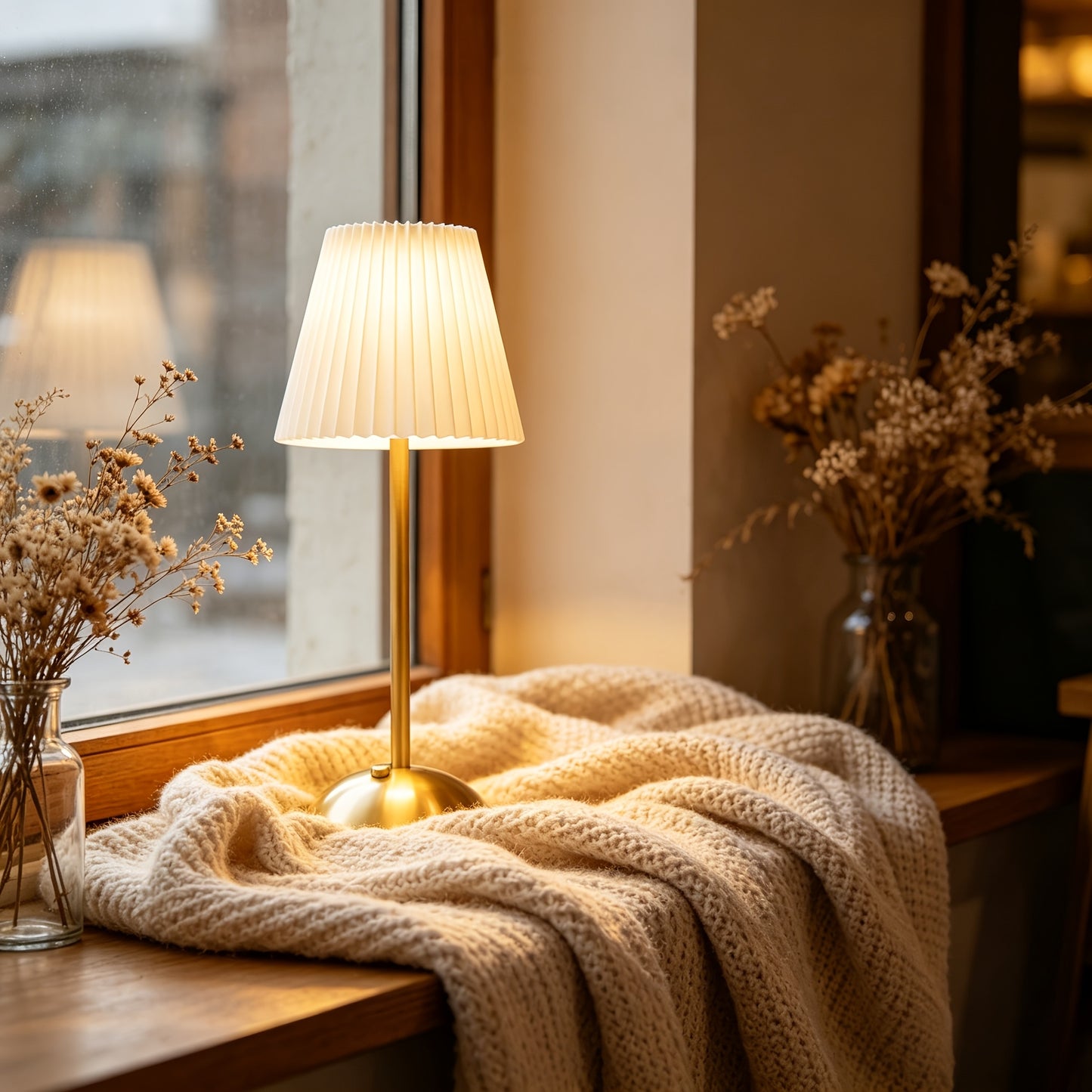 Pleated Fabric Shade Table Lamp USB Rechargeable Touch Dimmable 3-Colour Home Decor