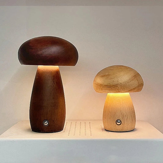 Natural Wood Mushroom Lamp Touch Dimmer Warm LED Bedside Decor