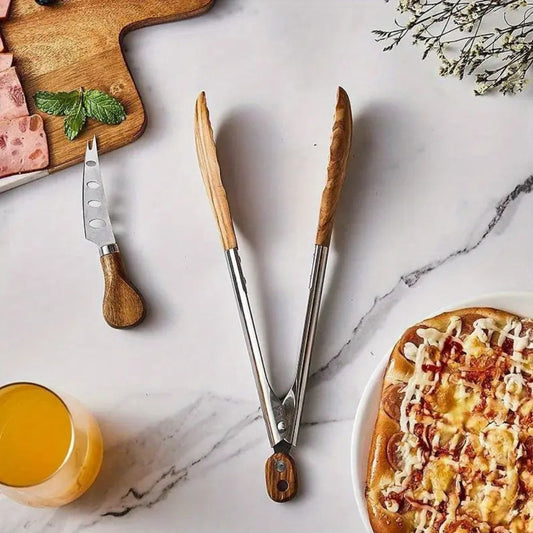 Stainless Steel Kitchen Tongs Set with Wooden Handles Cooking Tools Home Decor