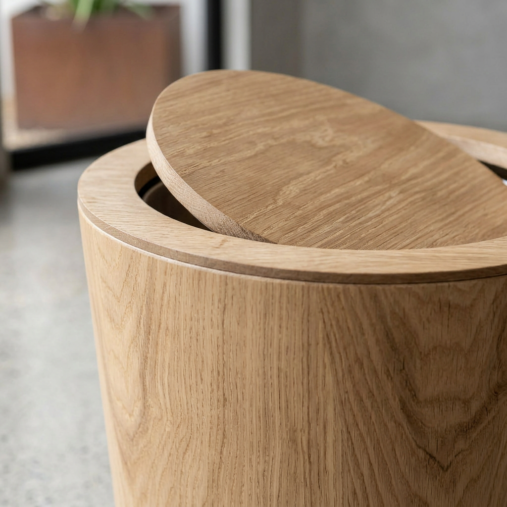 Japandi Rotating Waste Bin Wood Grain Minimalist Bathroom Decor