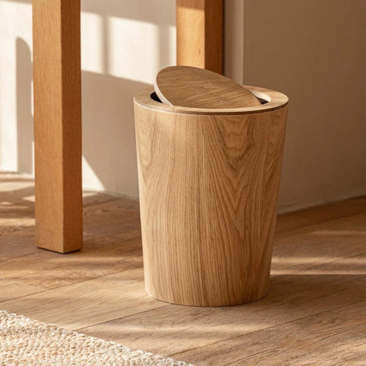Japandi Rotating Waste Bin Wood Grain Minimalist Bathroom Decor