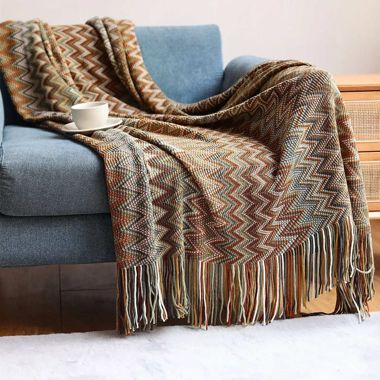 Chevron Woven Coverlet Earthy Tones Bed Cover Sofa Throw Blanket