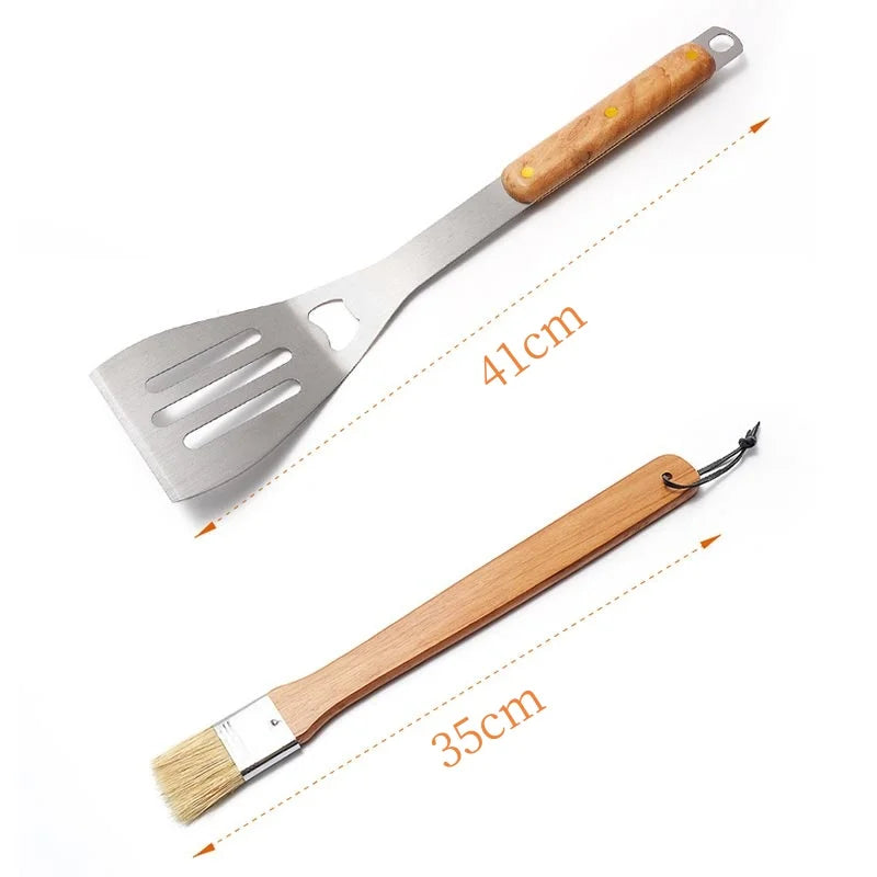 4-Piece Stainless Steel BBQ Tool Set with Wooden Handles Outdoor Grilling Kit