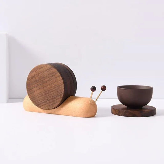 Walnut Wood Snail Coaster Set with Holder Anti-Slip Heat Resistant Home Decor