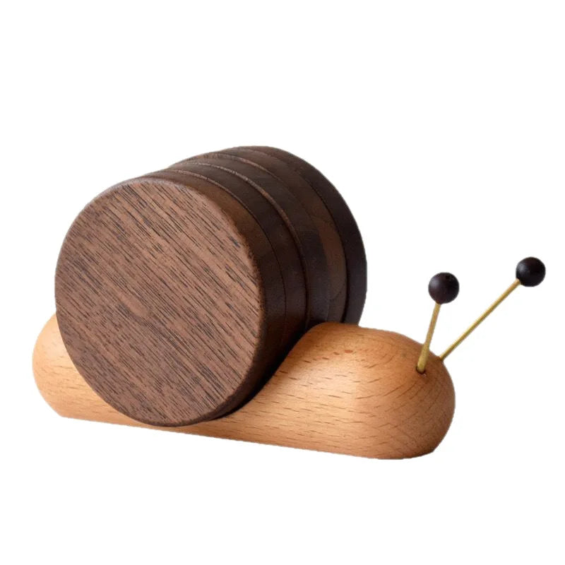 Walnut Wood Snail Coaster Set with Holder Table Setting Dining Table Decor