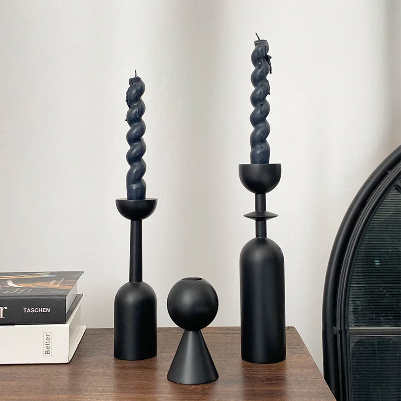 Black Wooden Taper Candle Holder Set Retro French Style Home Decor