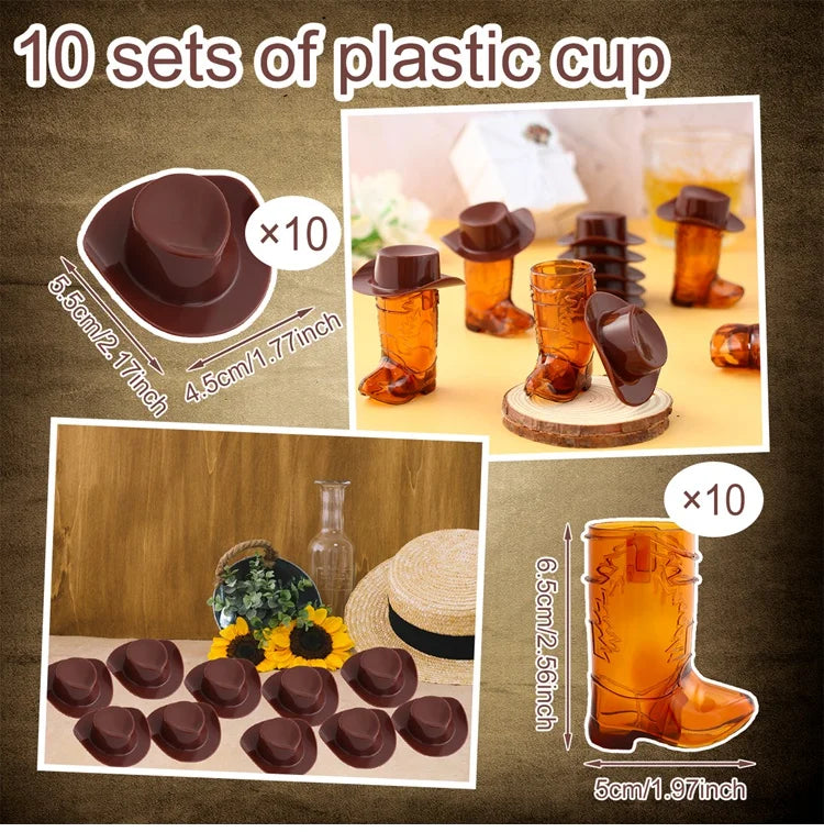 Cowboy Boot Shot Glass Set with Mini Hats Home Bar Party Glassware