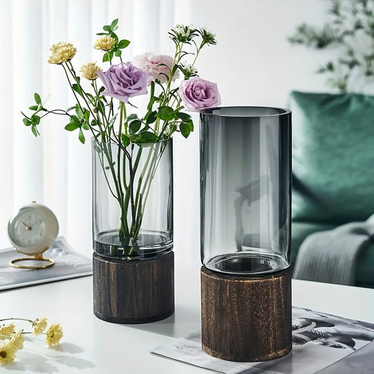 Glass Vase with Wooden Base Hydroponic Flower Vase Modern Home Decor