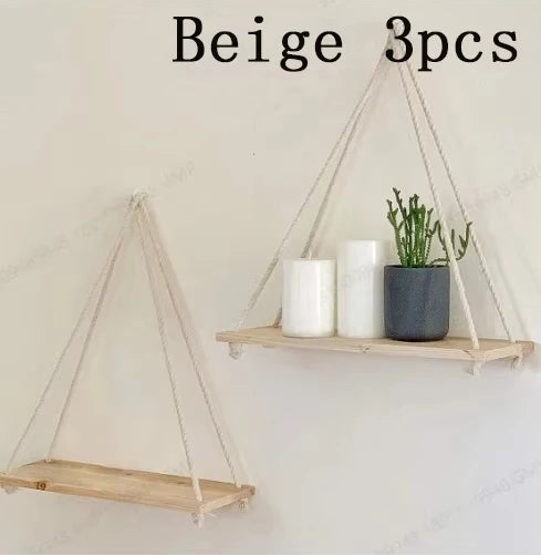 Wooden Hanging Wall Shelf with Hemp Rope Floating Plant Display Home Decor