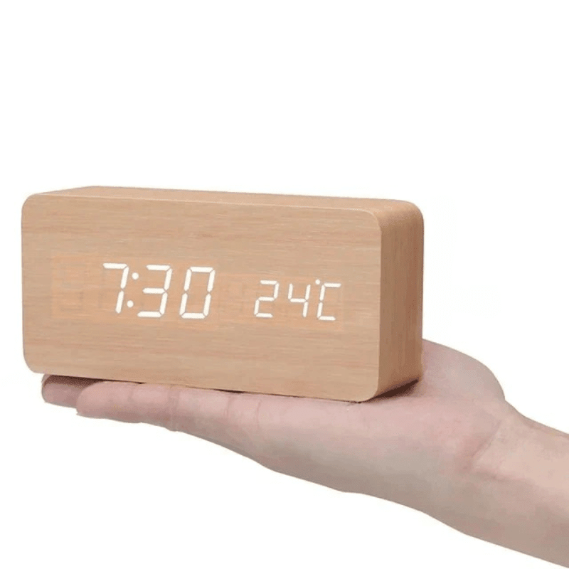 Wooden LED Digital Clock Voice Control Bedside Desk Decor