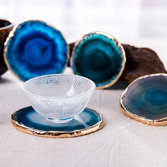 Natural Blue Agate Coaster Set with Gold Edge Luxury Table Decor Home Decor
