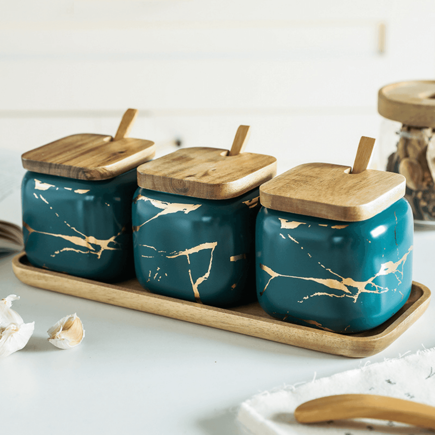 Porcelain Spice Jar Set with Wooden Tray Kitchen Counter Organiser Home Decor