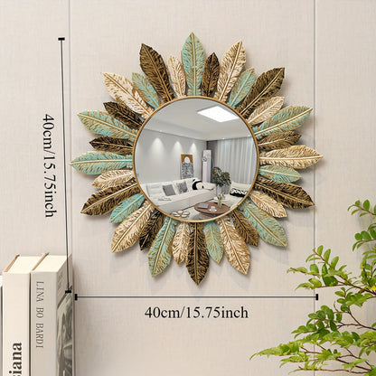 Bohemian Sunburst Metal Wall Mirror Teal and Gold Leaf Design Home Decor