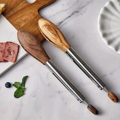 Stainless Steel Kitchen Tongs Set with Wooden Handles Cooking Tools Home Decor