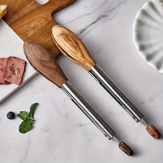 Stainless Steel Kitchen Tongs Set with Wooden Handles Cooking Tools Home Decor