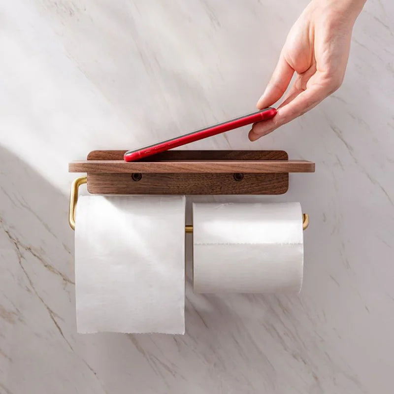 Walnut Wood Toilet Roll Holder Wall Mounted Bathroom Decor