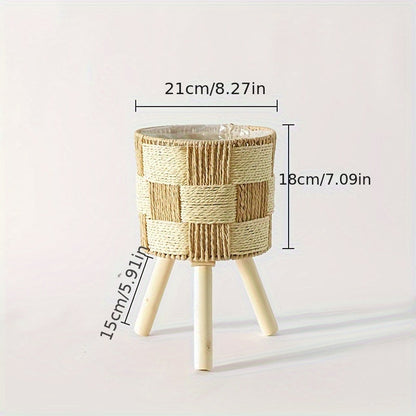 Bohemian Bamboo Woven Flower Stand Plant Holder Wooden Legs Natural
