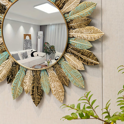 Bohemian Sunburst Metal Wall Mirror Teal and Gold Leaf Design Home Decor