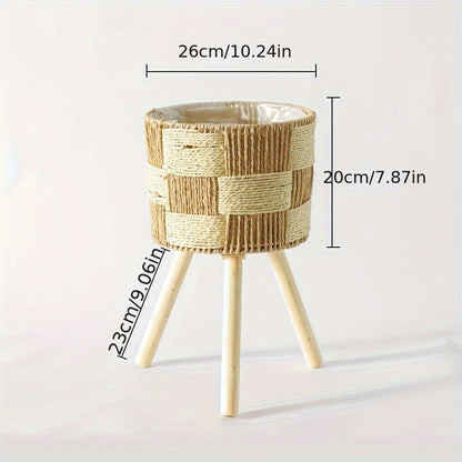 Bohemian Bamboo Woven Flower Stand Plant Holder Wooden Legs Natural