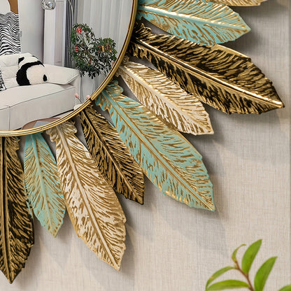 Bohemian Sunburst Metal Wall Mirror Teal and Gold Leaf Design Home Decor