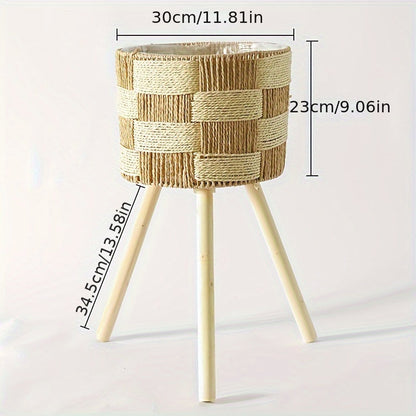 Bohemian Bamboo Woven Flower Stand Plant Holder Wooden Legs Natural