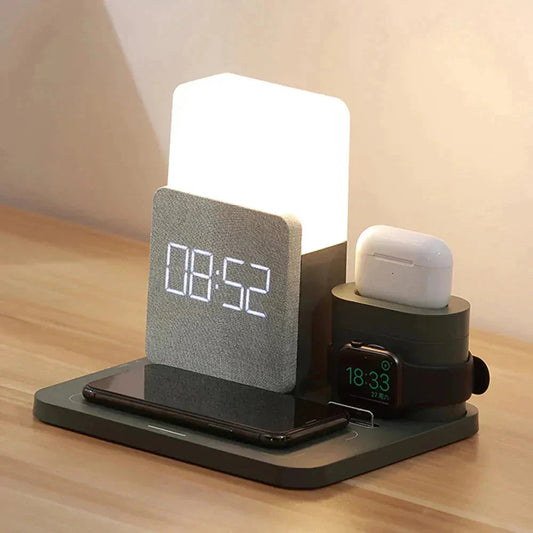 4-in-1 Wireless Charging Station with Alarm Clock and LED Lamp 15W Home Office
