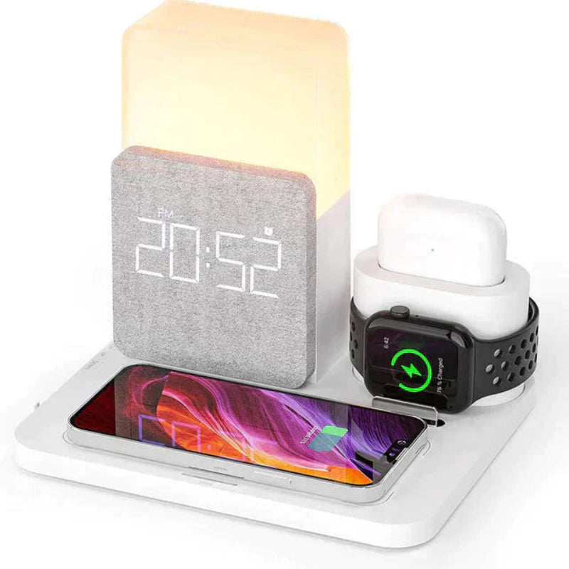 4-in-1 Wireless Charging Station with Alarm Clock and LED Lamp 15W Home Office