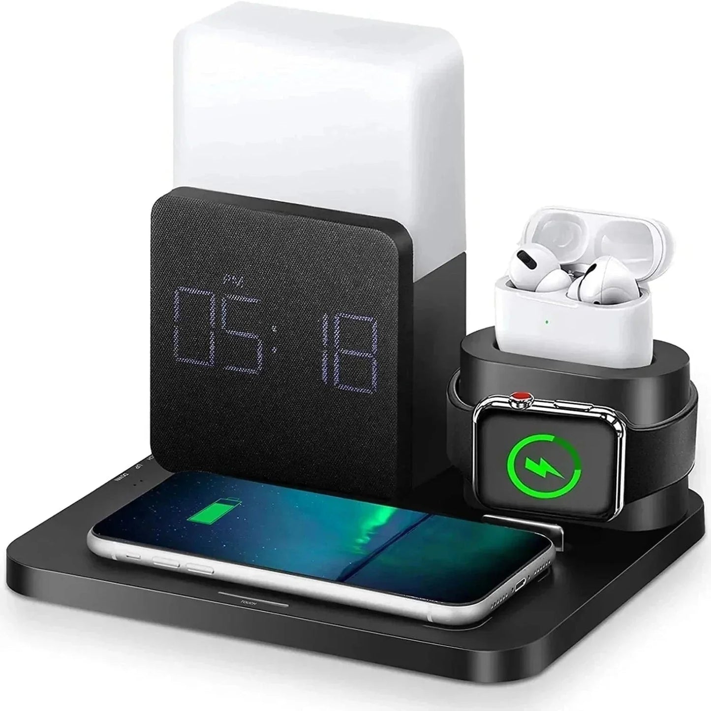 4-in-1 Wireless Charging Station with Alarm Clock and LED Lamp 15W Home Office