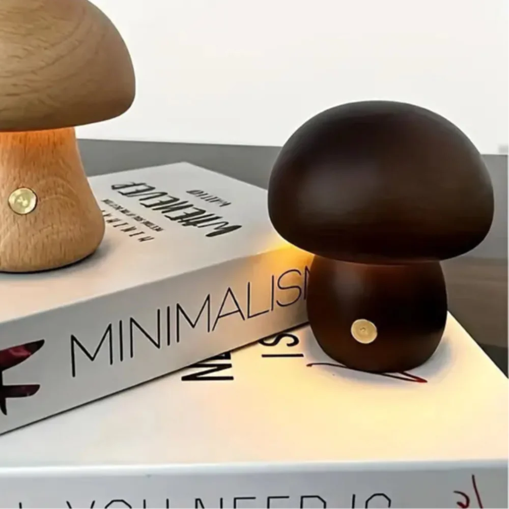 Natural Wood Mushroom Lamp Touch Dimmer Warm LED Bedside Decor