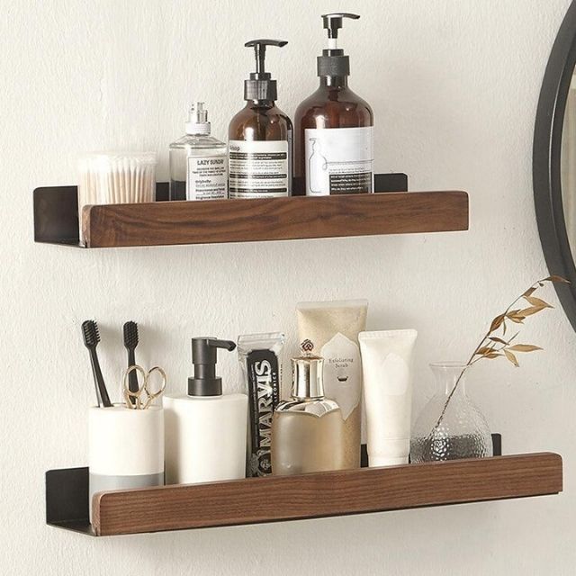 Rustic Wood Bathroom Wall Rack Storage Shelf No Drill Home Decor
