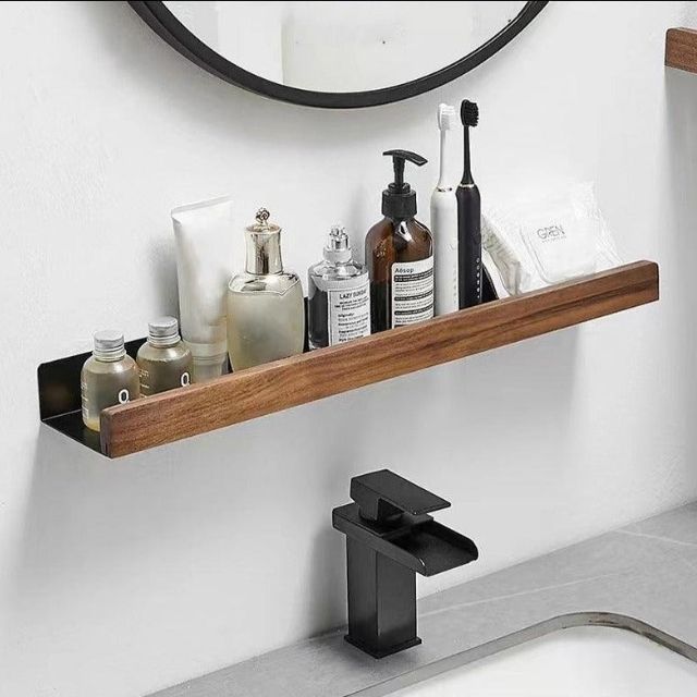 Rustic Wood Bathroom Wall Rack Storage Shelf No Drill Home Decor