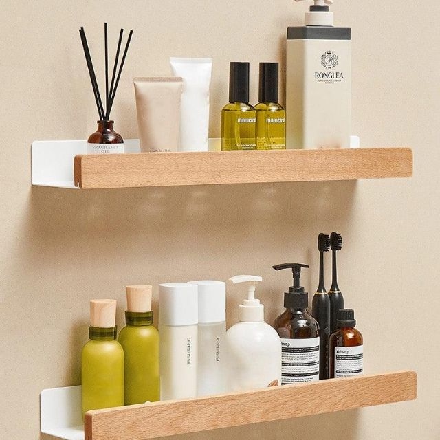 Rustic Wood Bathroom Wall Rack Storage Shelf No Drill Home Decor