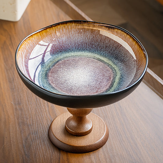 Vintage Ceramic Fruit Plate with Wooden Base Mandala Pattern Serving Dish Home Decor