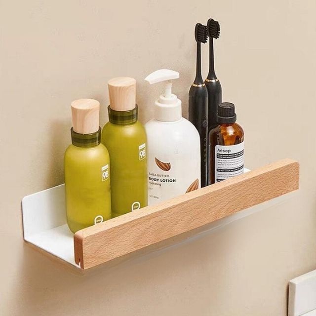 Rustic Wood Bathroom Wall Rack Storage Shelf No Drill Home Decor