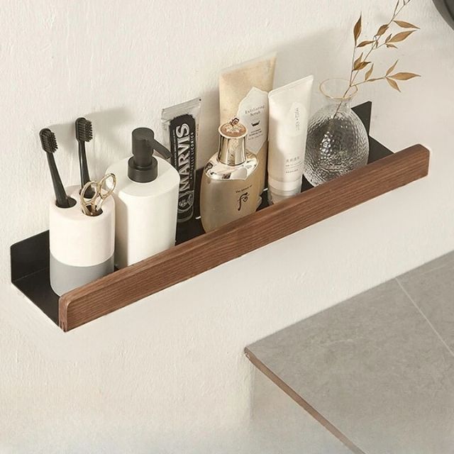 Rustic Wood Bathroom Wall Rack Storage Shelf No Drill Home Decor