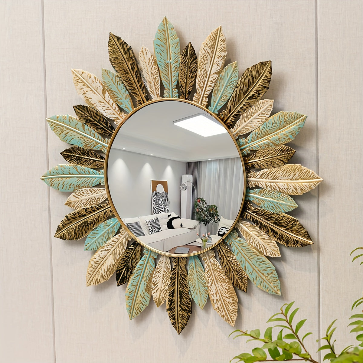 Bohemian Sunburst Metal Wall Mirror Teal and Gold Leaf Design Home Decor