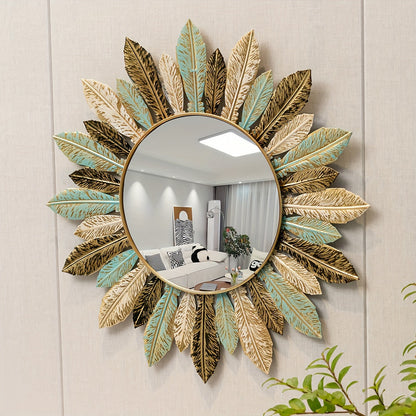 Bohemian Sunburst Metal Wall Mirror Teal and Gold Leaf Design Home Decor
