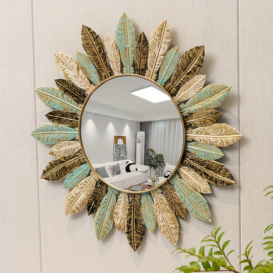Bohemian Sunburst Metal Wall Mirror Teal and Gold Leaf Design Home Decor