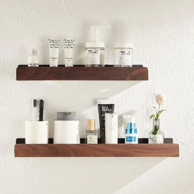 Rustic Wood Bathroom Wall Rack Storage Shelf No Drill Home Decor
