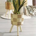 Bohemian Bamboo Woven Flower Stand Plant Holder Wooden Legs Natural
