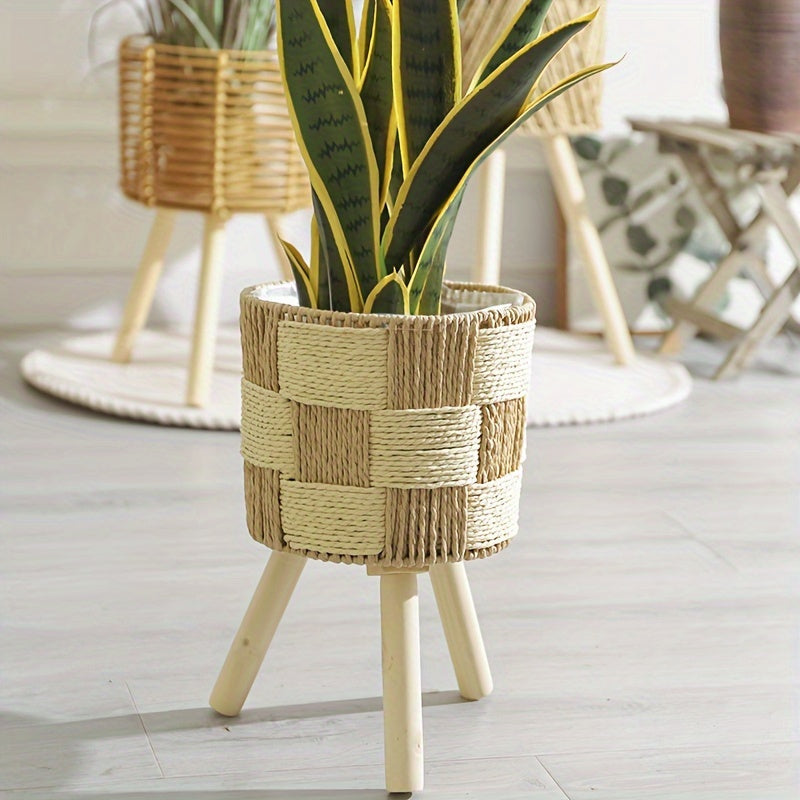 Bohemian Bamboo Woven Flower Stand Plant Holder Wooden Legs Natural