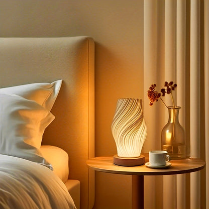 3D Printed Vase Table Lamp Wooden Base Warm Ambient Bedroom Light Home Decor