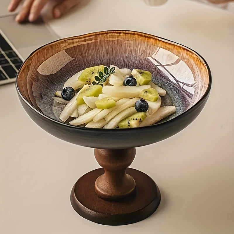 Vintage Ceramic Fruit Plate with Wooden Base Mandala Pattern Serving Dish Home Decor