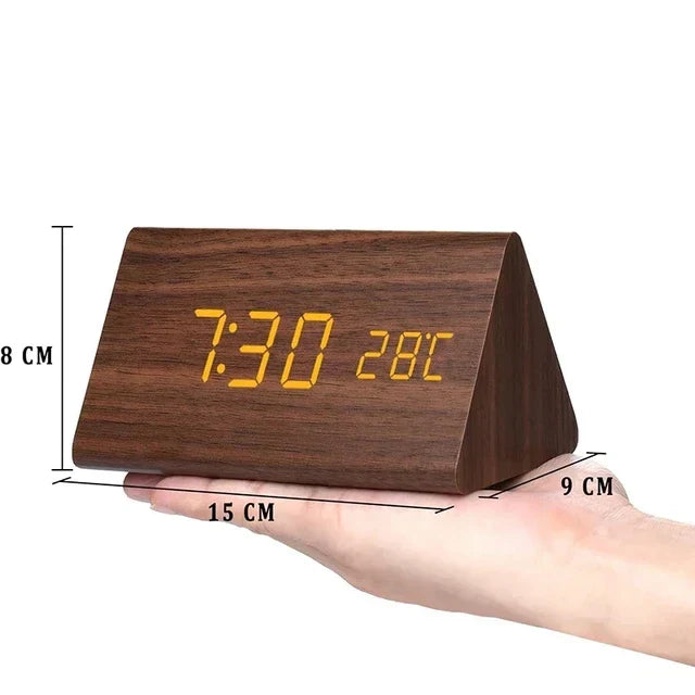 Wooden LED Alarm Clock Voice Controlled Bedside Table Decor Bedroom