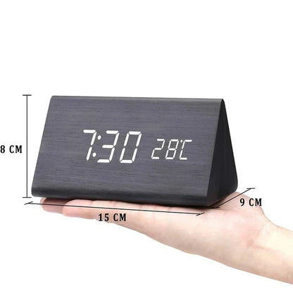 Wooden LED Smart Alarm Clock Voice-Controlled Temperature Display Bedside Home Decor
