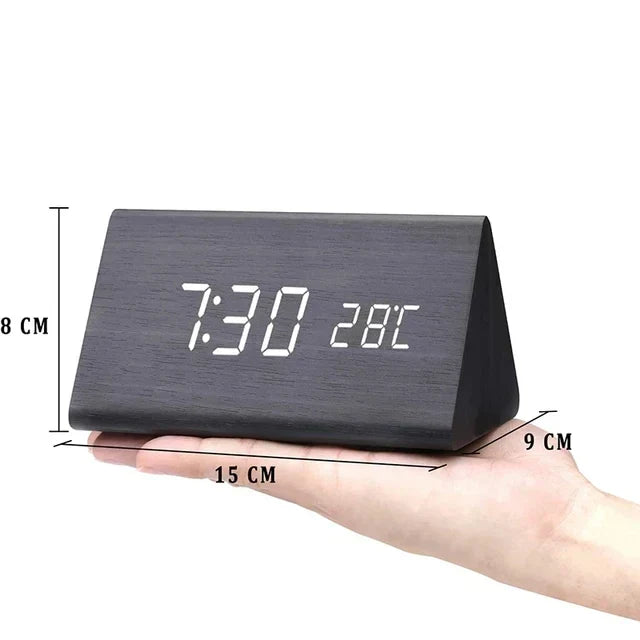Wooden LED Alarm Clock Voice Controlled Bedside Table Decor Bedroom