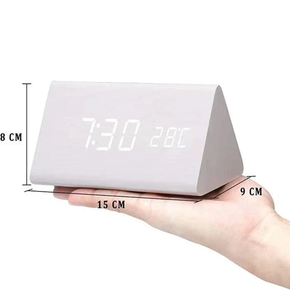 Wooden LED Smart Alarm Clock Voice-Controlled Temperature Display Bedside Home Decor