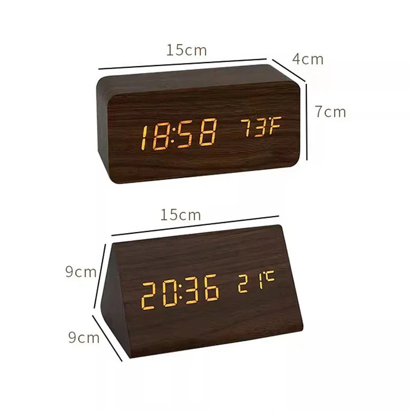 Wooden LED Smart Alarm Clock Voice-Controlled Temperature Display Bedside Home Decor