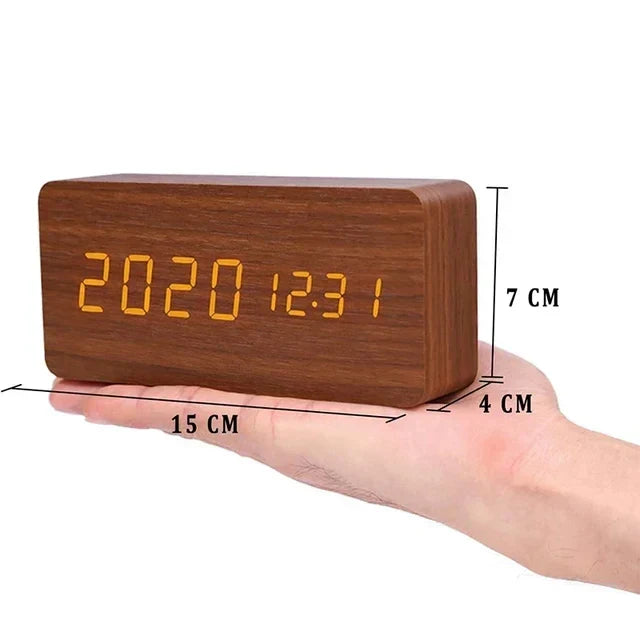 Wooden LED Smart Alarm Clock Voice-Controlled Temperature Display Bedside Home Decor
