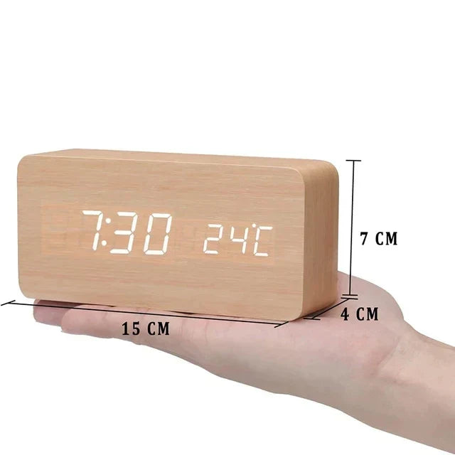 Wooden LED Smart Alarm Clock Voice-Controlled Temperature Display Bedside Home Decor